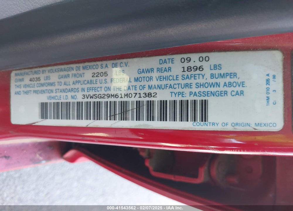 2001 VOLKSWAGEN JETTA GLS VR6 VIN: 3VWSG29M61M071382