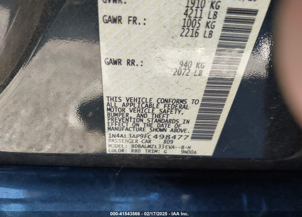 2015 NISSAN ALTIMA 2.5 SV VIN: 1N4AL3AP9FC498477
