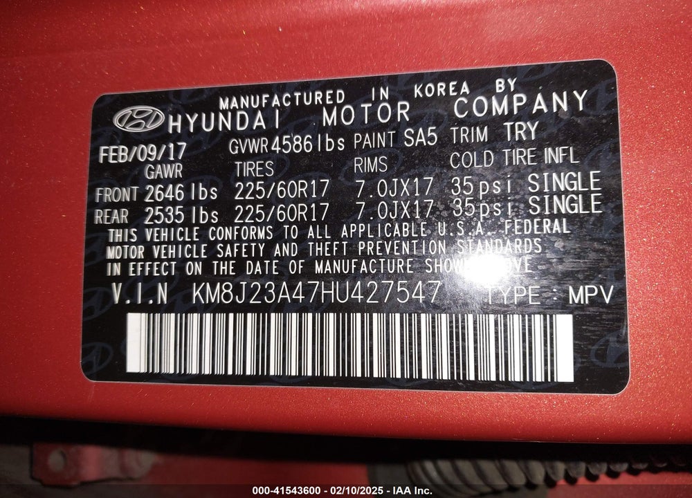 2017 HYUNDAI TUCSON SE VIN: KM8J23A47HU427547