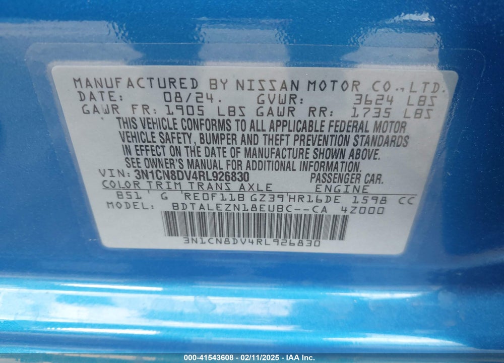 2024 NISSAN VERSA VIN: 3N1CN8DV4RL926830