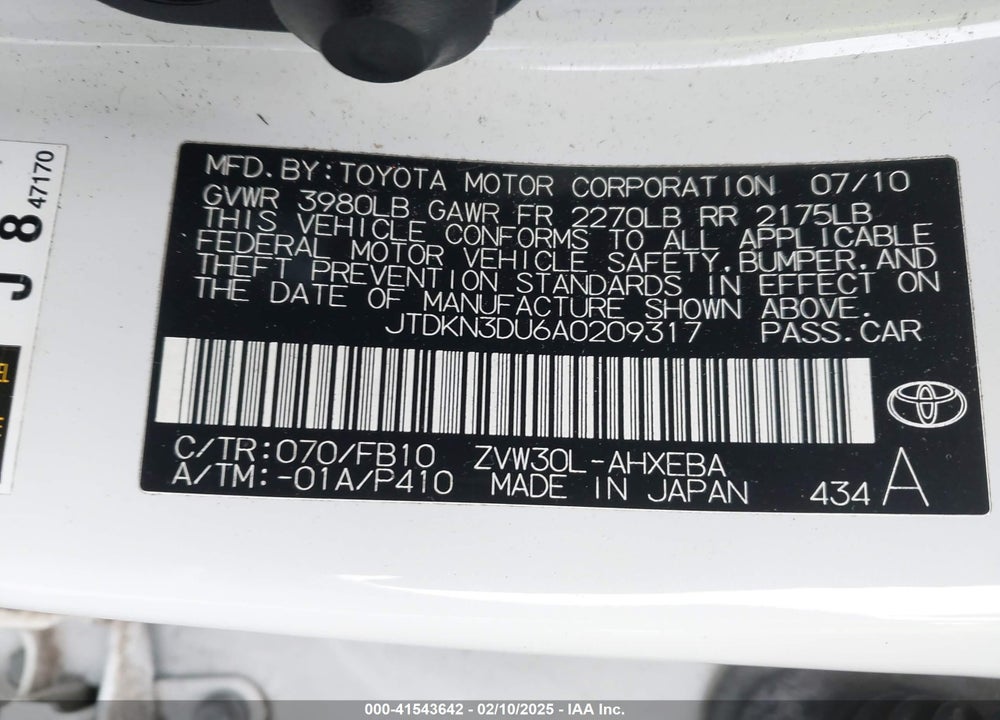 2010 TOYOTA PRIUS VIN: JTDKN3DU6A0209317