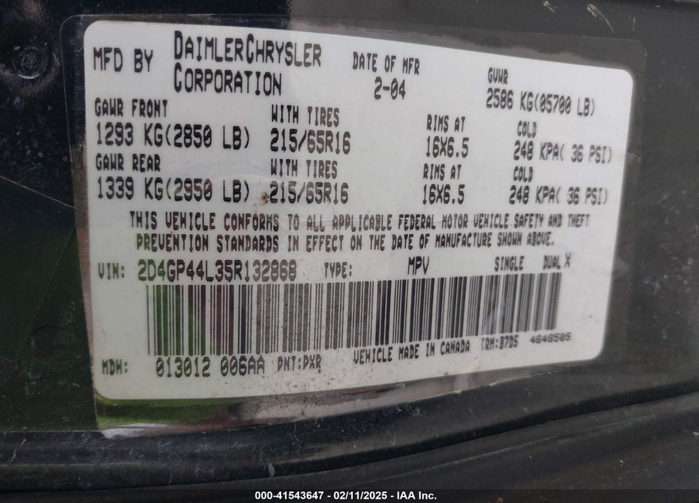 2005 DODGE GRAND CARAVAN SXT VIN: 2D4GP44L35R132868