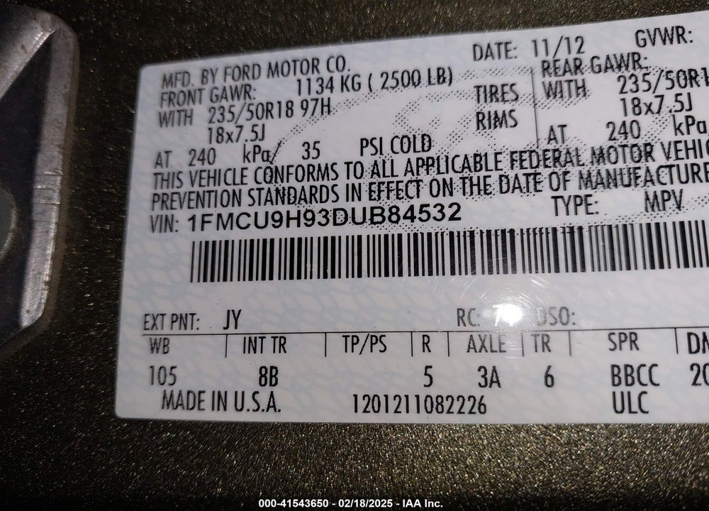 2013 FORD ESCAPE SEL VIN: 1FMCU9H93DUB84532