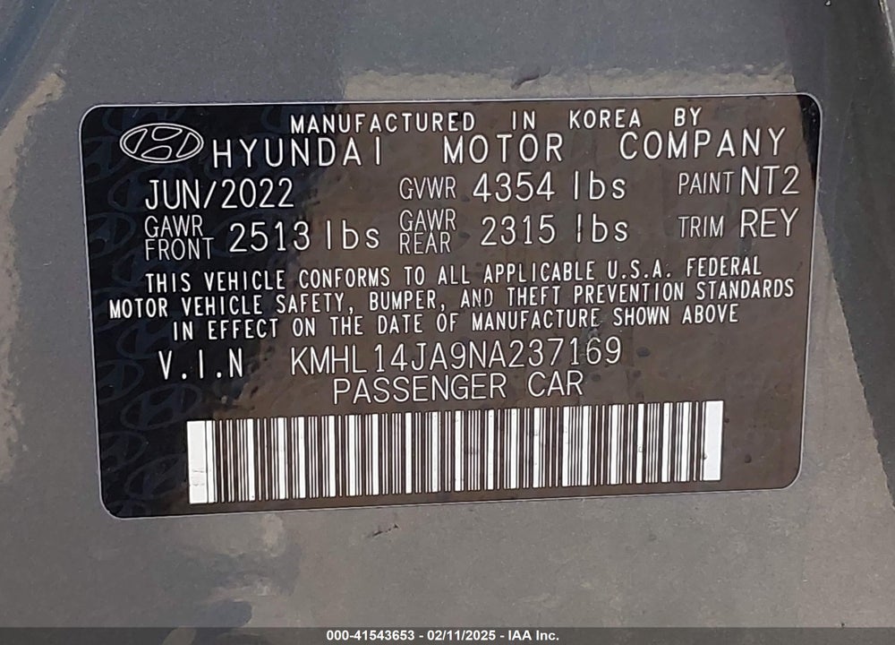 2022 HYUNDAI SONATA SEL VIN: KMHL14JA9NA237169