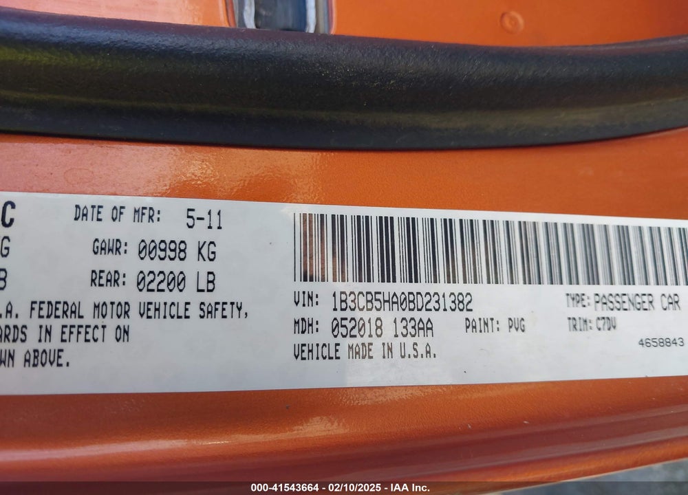 2011 DODGE CALIBER VIN: 1B3CB5HA0BD231382