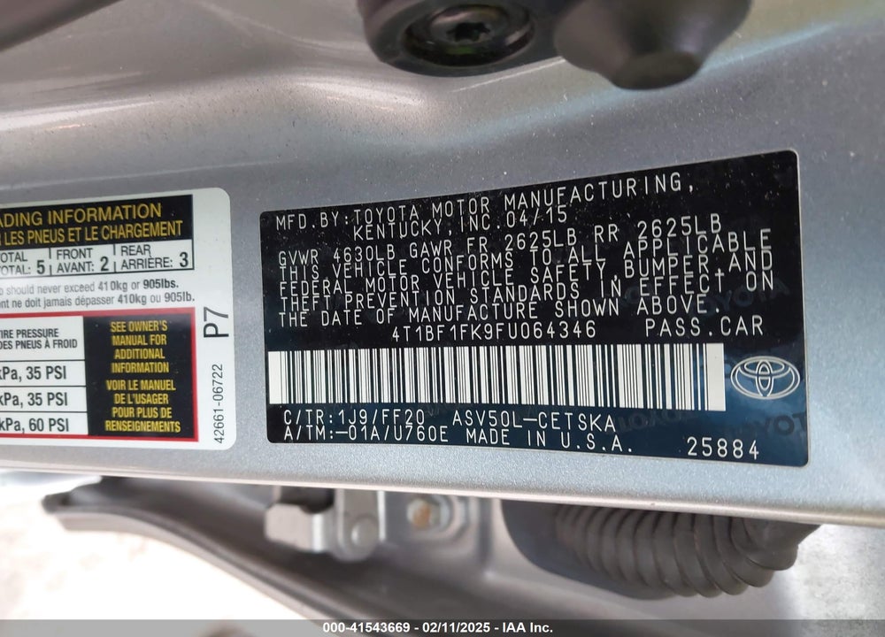 2015 TOYOTA CAMRY VIN: 4T1BF1FK9FU064346