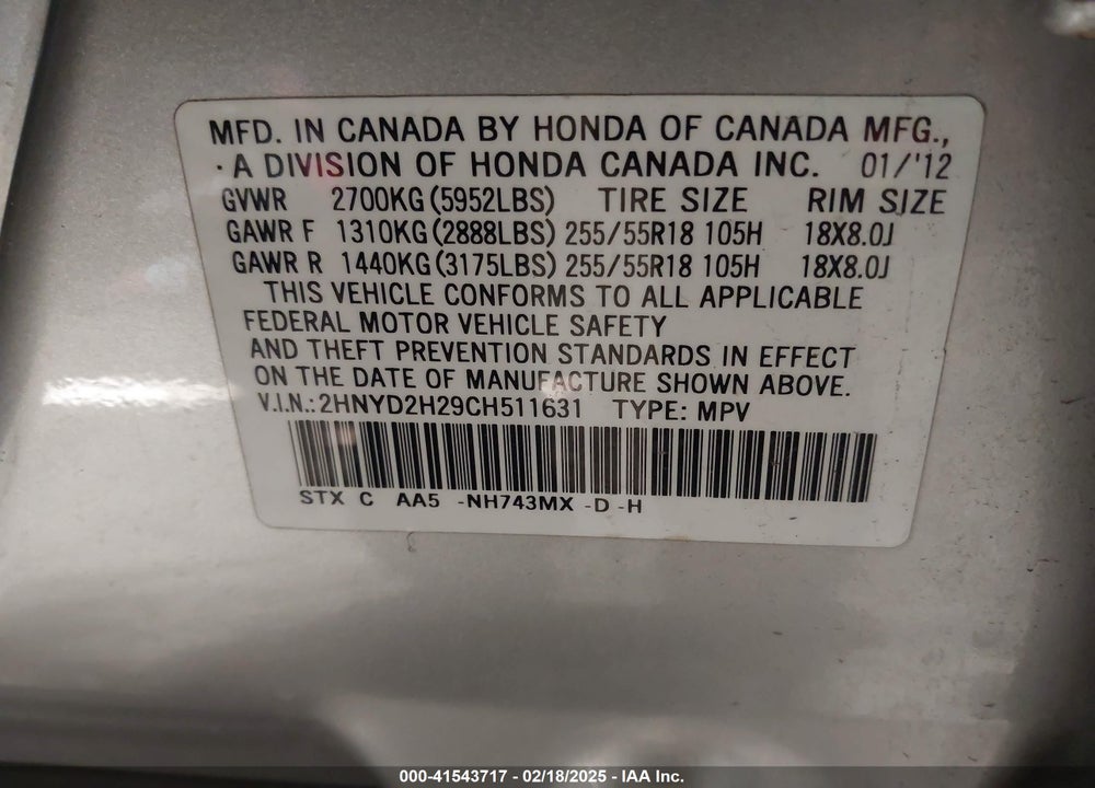 2012 ACURA MDX VIN: 2HNYD2H29CH511631