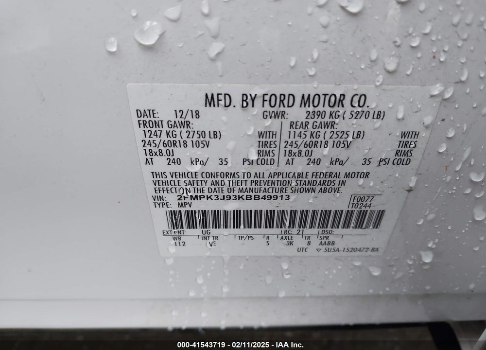 2019 FORD EDGE VIN: 2FMPK3J93KBB49913