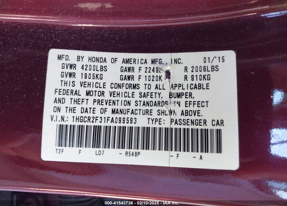 2015 HONDA ACCORD VIN: 1HGCR2F31FA099593