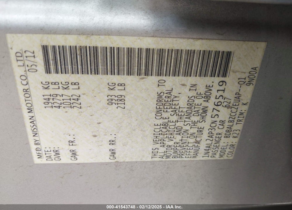 2012 NISSAN ALTIMA VIN: 1N4AL2AP3CN576519