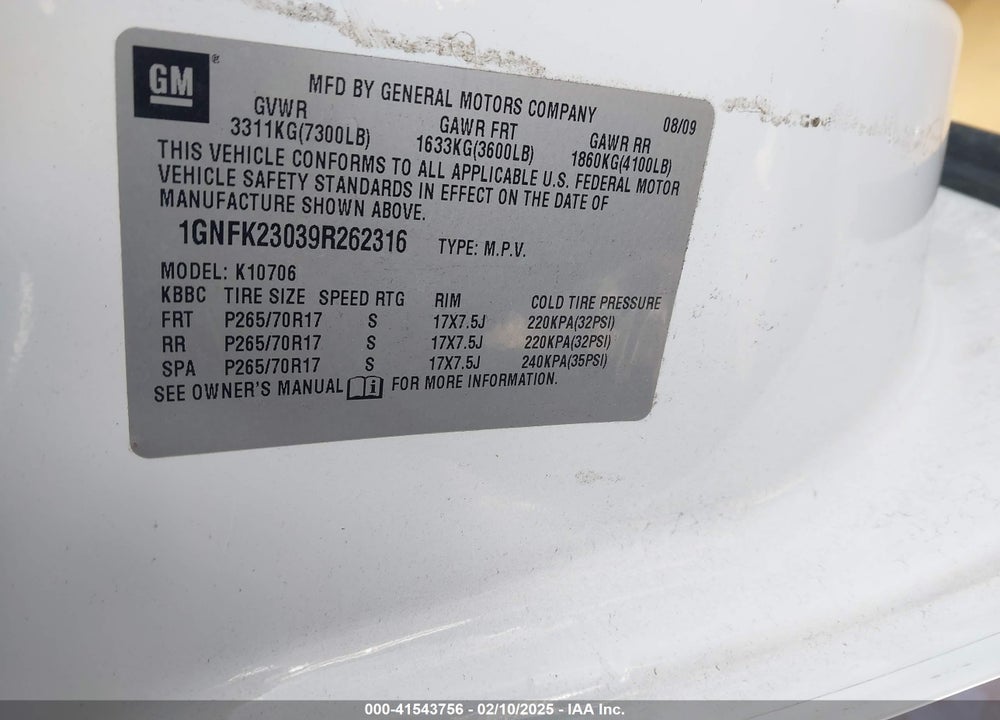 2009 CHEVROLET TAHOE LT2 VIN: 1GNFK23039R262316