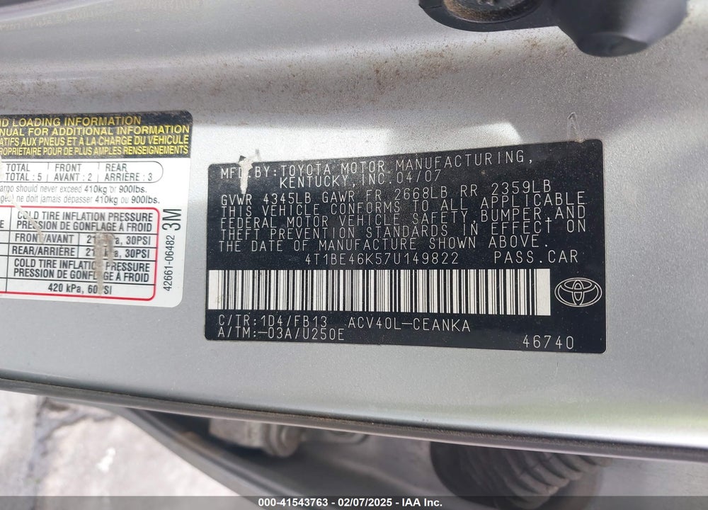 2007 TOYOTA CAMRY LE VIN: 4T1BE46K57U149822