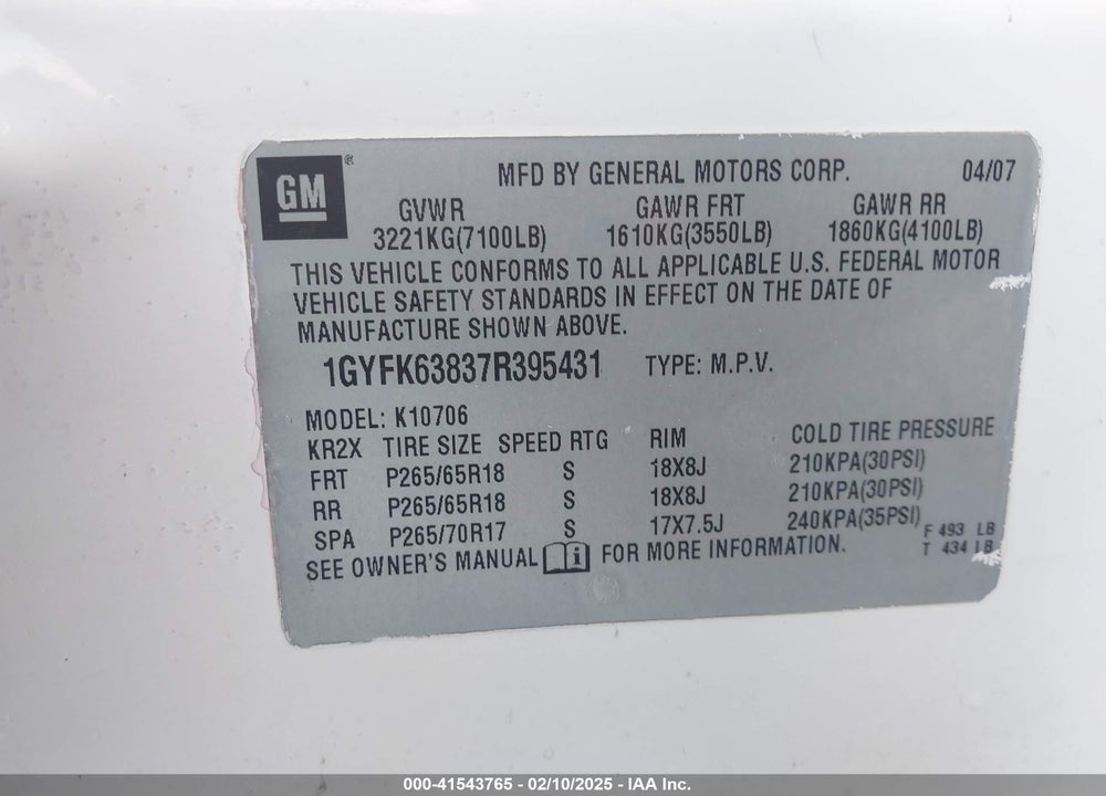 2007 CADILLAC ESCALADE STANDARD VIN: 1GYFK63837R395431