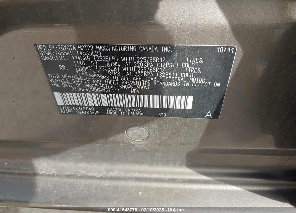 2011 TOYOTA RAV4 VIN: 2T3BF4DV9BW157111
