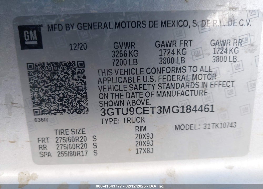 2021 GMC SIERRA 1500 4WD STANDARD BOX ELEVATION VIN: 3GTU9CET3MG184461