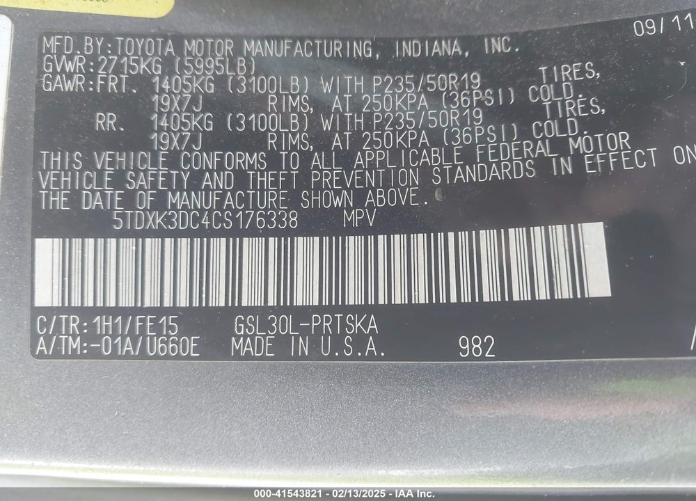 2012 TOYOTA SIENNA SE 8 PASSENGER VIN: 5TDXK3DC4CS176338