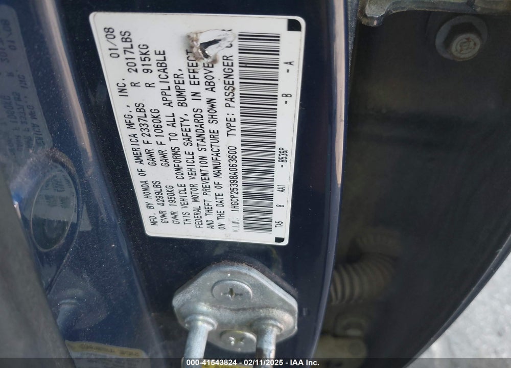 2008 HONDA ACCORD 2.4 LX VIN: 1HGCP25398A063600
