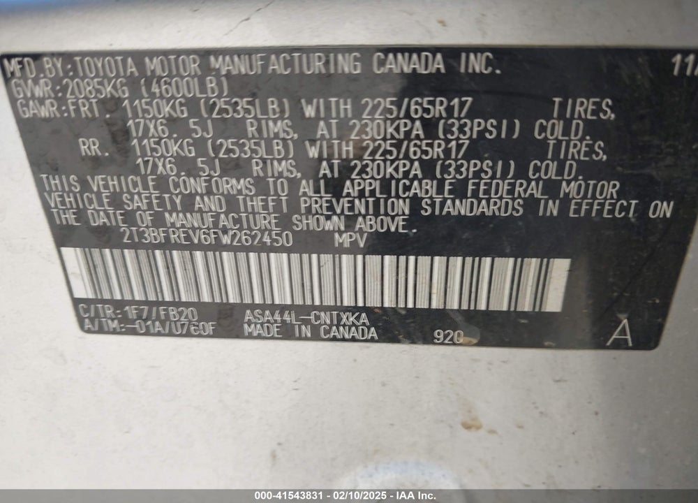 2015 TOYOTA RAV4 VIN: 2T3BFREV6FW262450