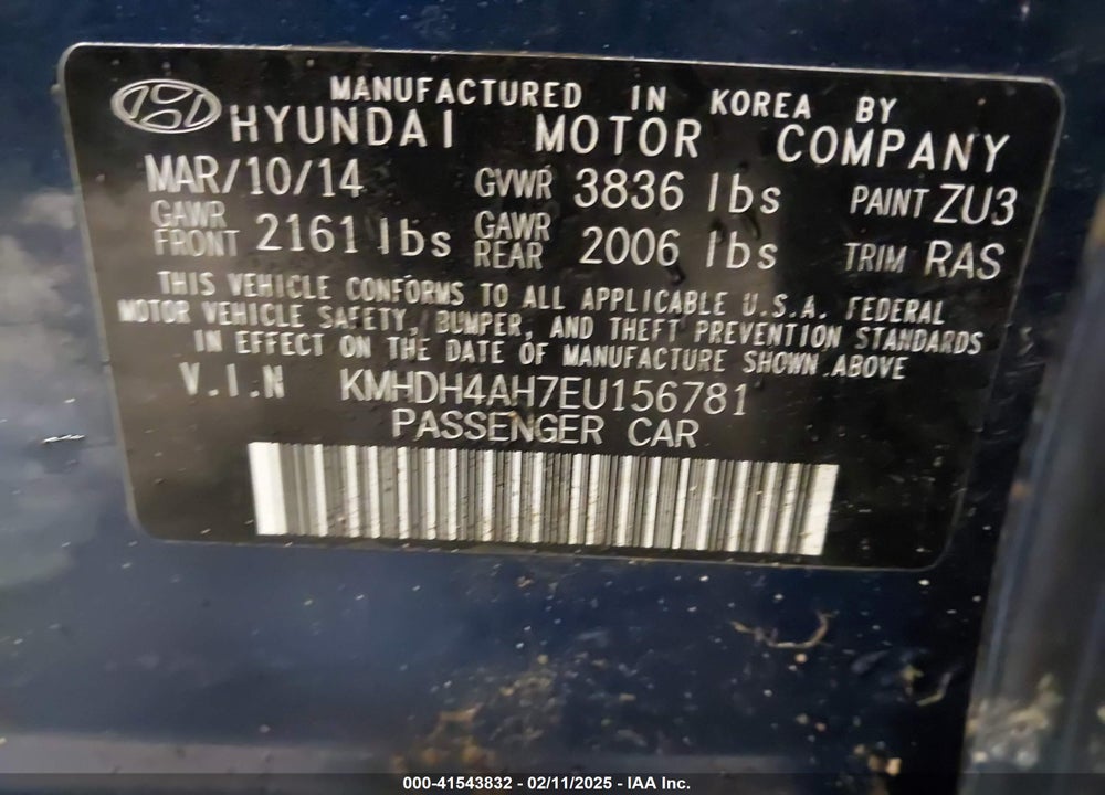 2014 HYUNDAI ELANTRA VIN: KMHDH4AH7EU156781