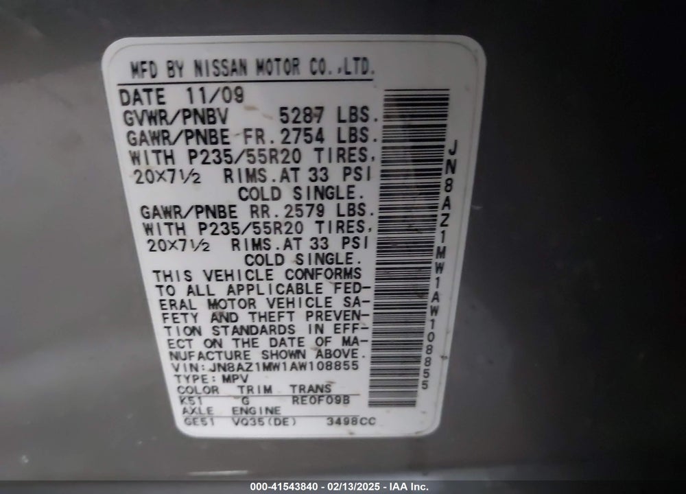 2010 NISSAN MURANO LE VIN: JN8AZ1MW1AW108855