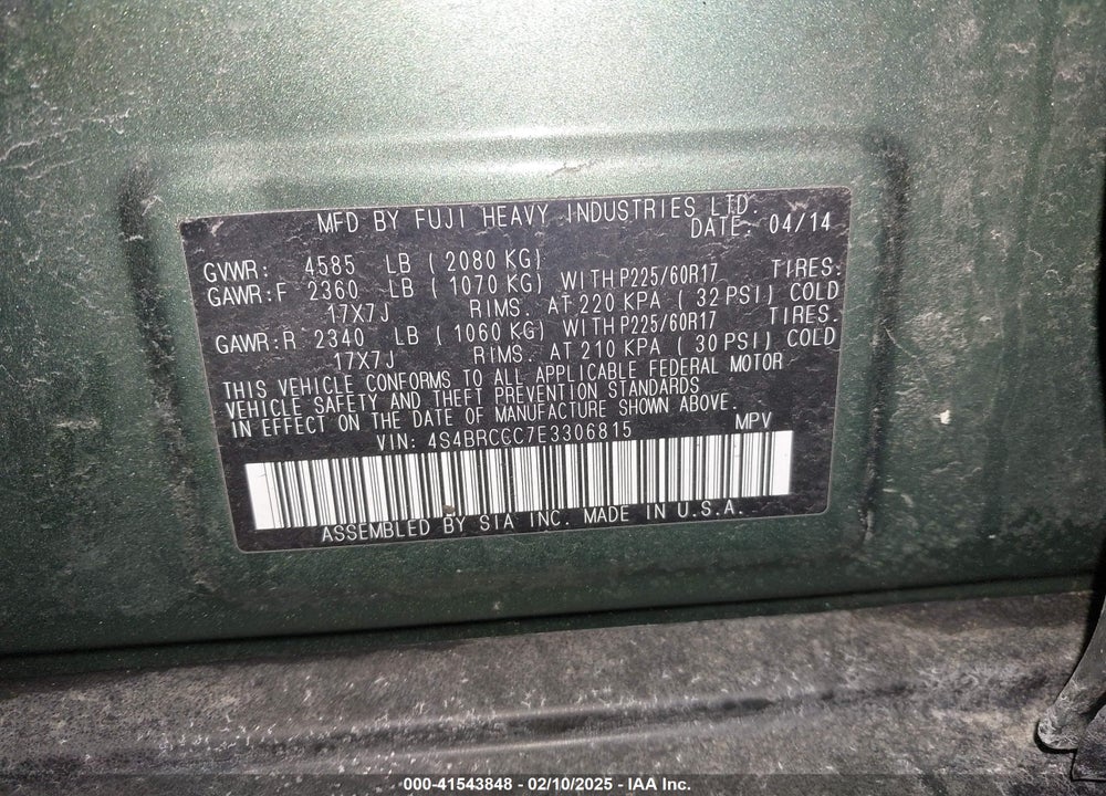 2014 SUBARU OUTBACK VIN: 4S4BRCCC7E3306815