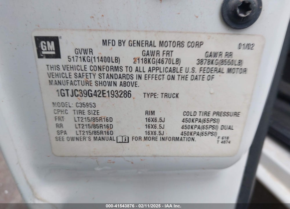 2002 GMC SIERRA 3500 SLE VIN: 1GTJC39G42E193286