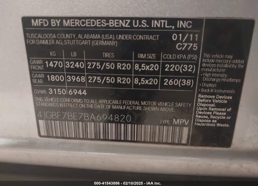 2011 MERCEDES-BENZ GL 450 4MATIC VIN: 4JGBF7BE7BA694820