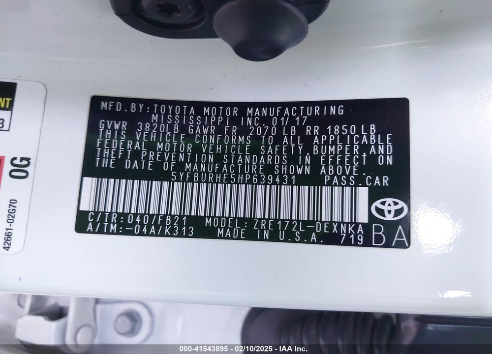 2017 TOYOTA COROLLA VIN: 5YFBURHE5HP639431