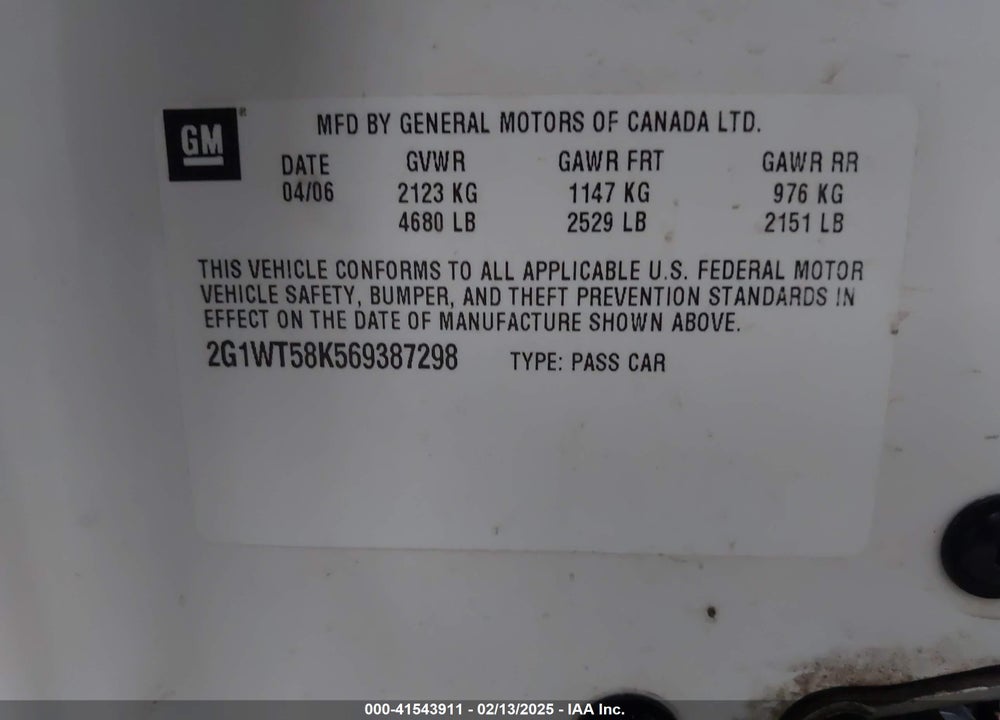 2006 CHEVROLET IMPALA VIN: 2G1WT58K569387298