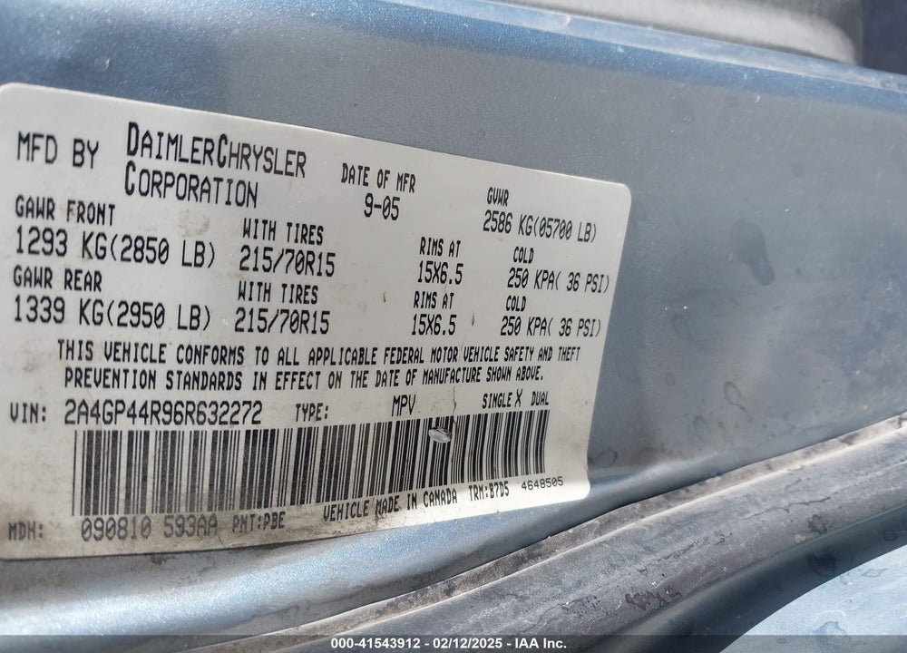 2006 CHRYSLER TOWN & COUNTRY LX VIN: 2A4GP44R96R632272