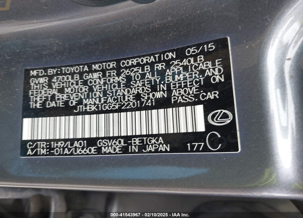2015 LEXUS ES VIN: JTHBK1GG5F2201741