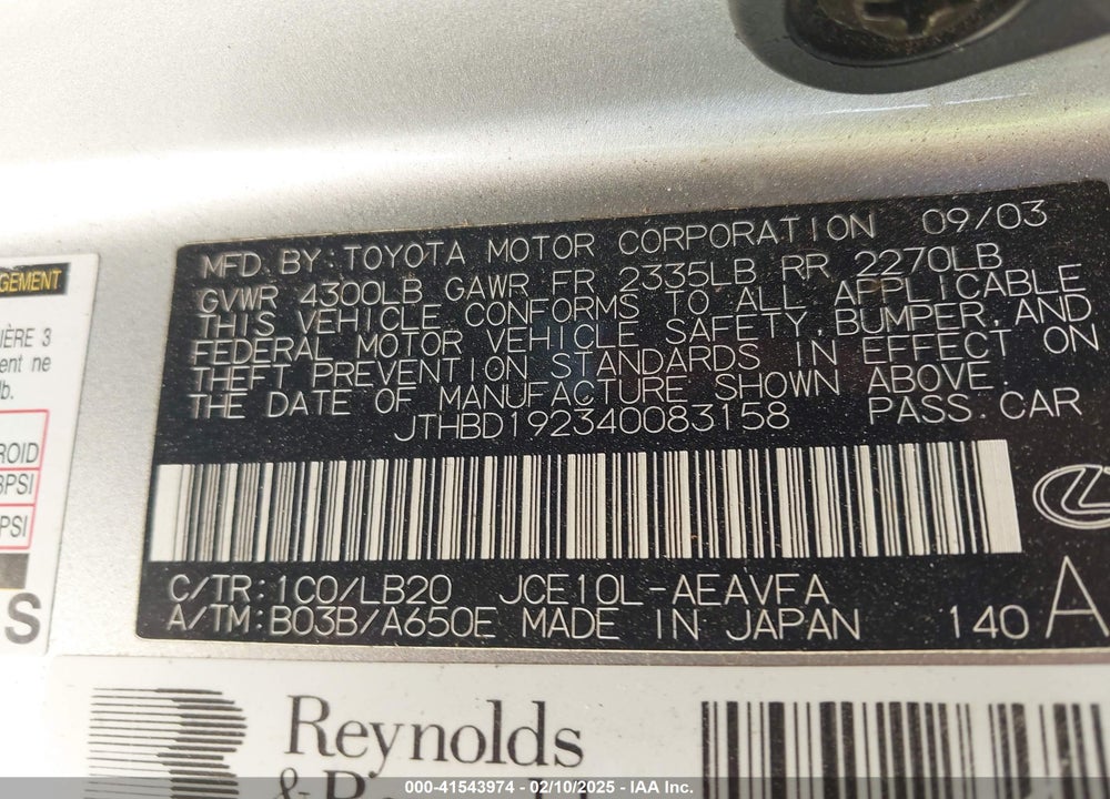 2004 LEXUS IS 300 VIN: JTHBD192340083158