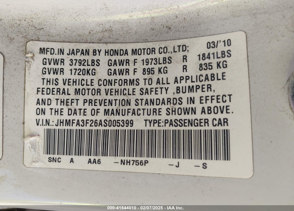 2010 HONDA CIVIC HYBRID VIN: JHMFA3F26AS005399