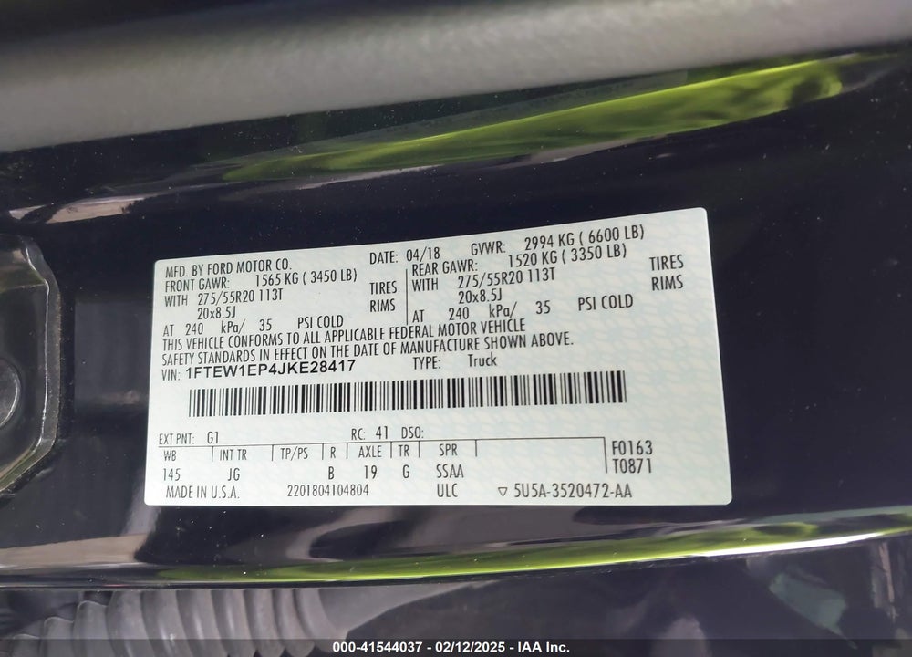 2018 FORD F-150 VIN: 1FTEW1EP4JKE28417