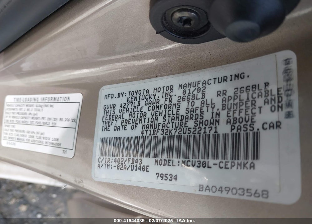 2002 TOYOTA CAMRY LE V6 VIN: 4T1BF32K72U522171