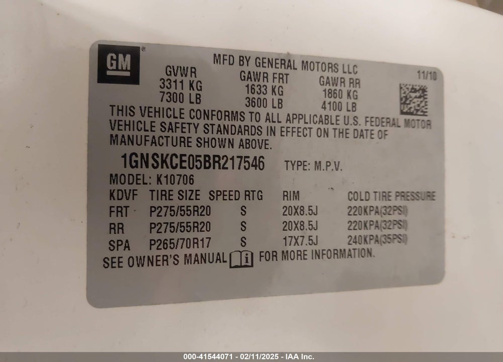 2011 CHEVROLET TAHOE VIN: 1GNSKCE05BR217546