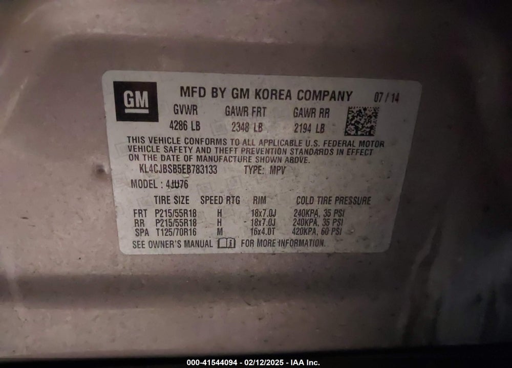 2014 BUICK ENCORE CONVENIENCE VIN: KL4CJBSB5EB783133
