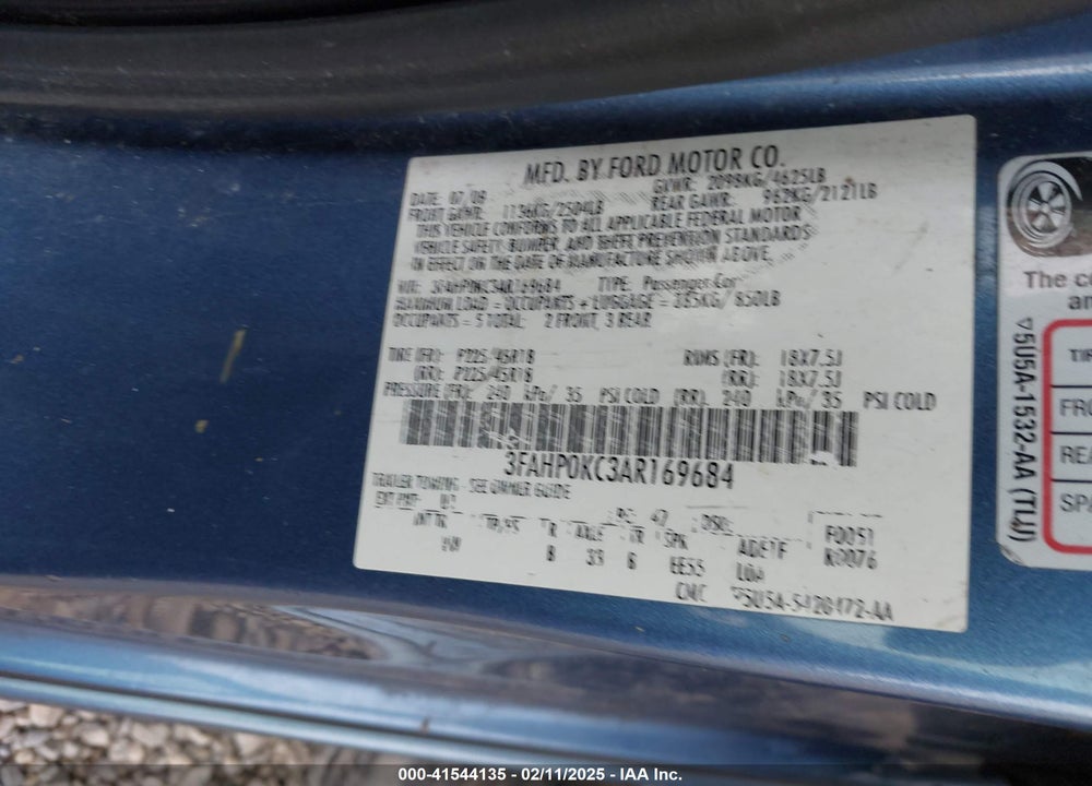 2010 FORD FUSION VIN: 3FAHP0KC3AR169684
