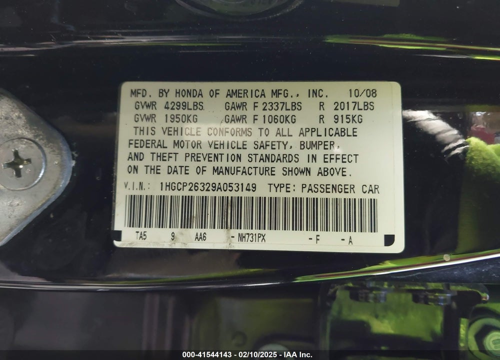 2009 HONDA ACCORD 2.4 LX VIN: 1HGCP26329A053149