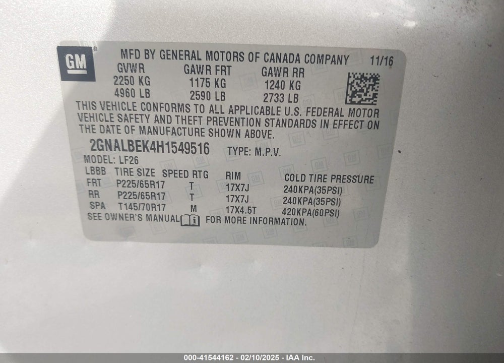 2017 CHEVROLET EQUINOX VIN: 2GNALBEK4H1549516