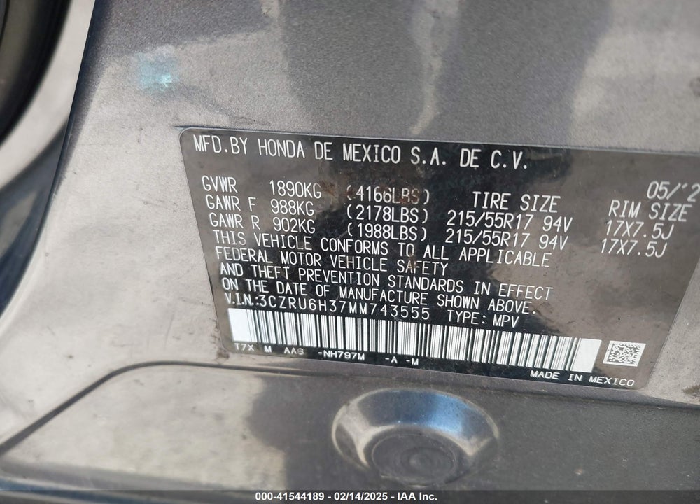 2021 HONDA HR-V AWD LX VIN: 3CZRU6H37MM743555