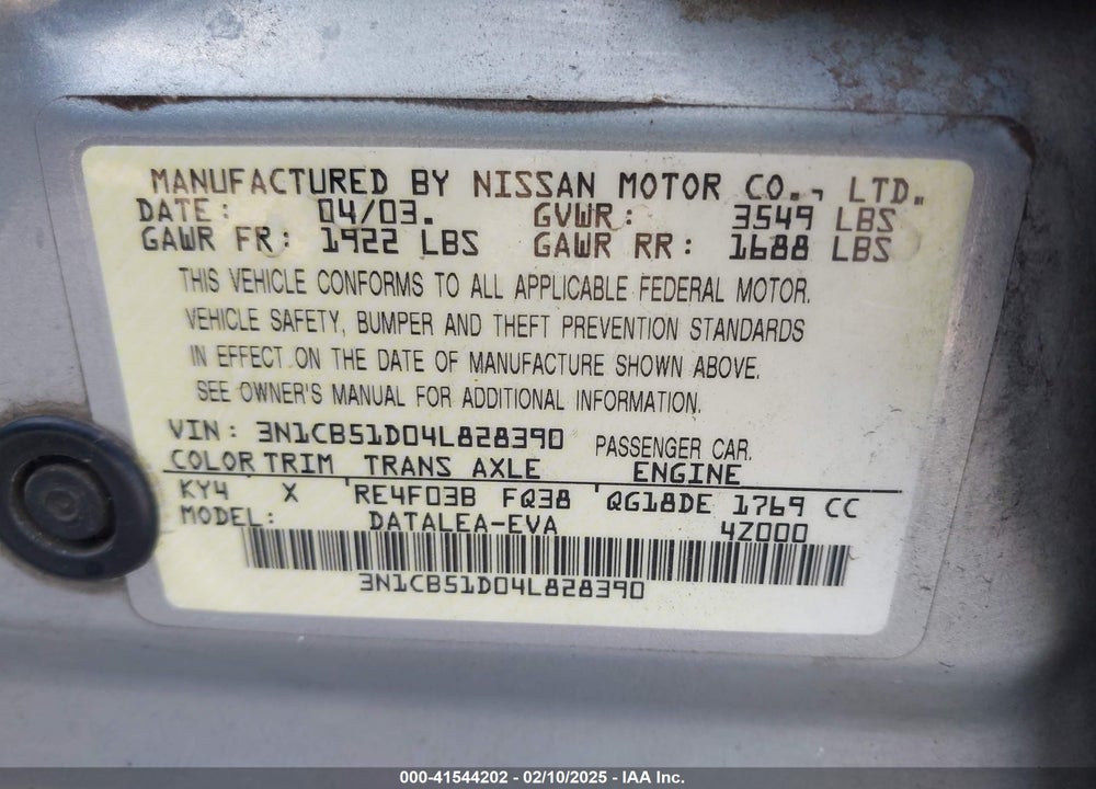 2004 NISSAN SENTRA 1.8S VIN: 3N1CB51D04L828390