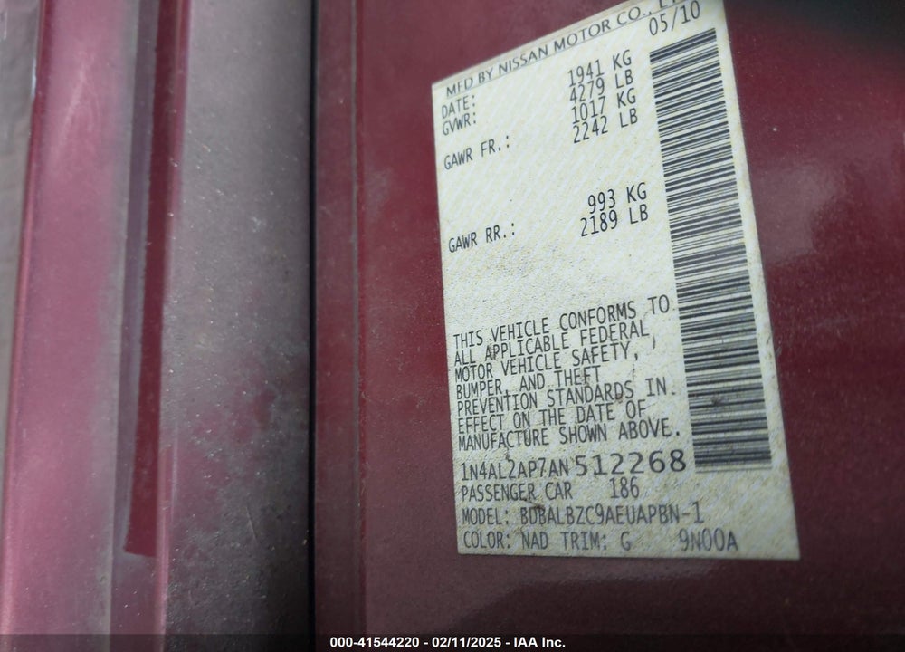 2010 NISSAN ALTIMA 2.5 S VIN: 1N4AL2AP7AN512268
