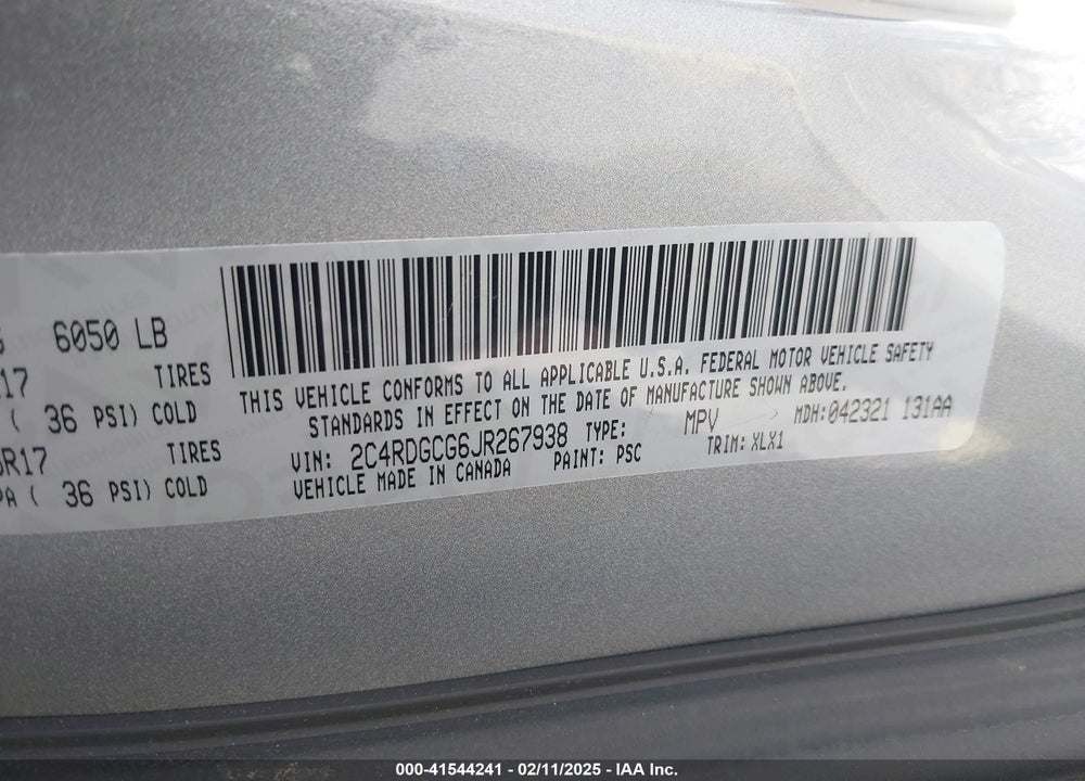 2018 DODGE GRAND CARAVAN VIN: 2C4RDGCG6JR267938