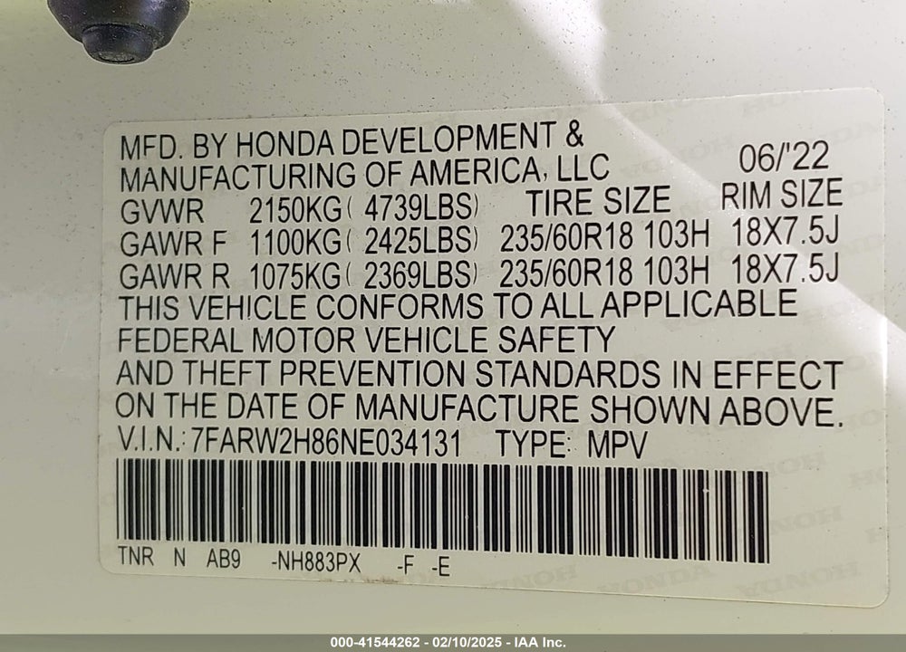 2022 HONDA CR-V AWD EX-L VIN: 7FARW2H86NE034131