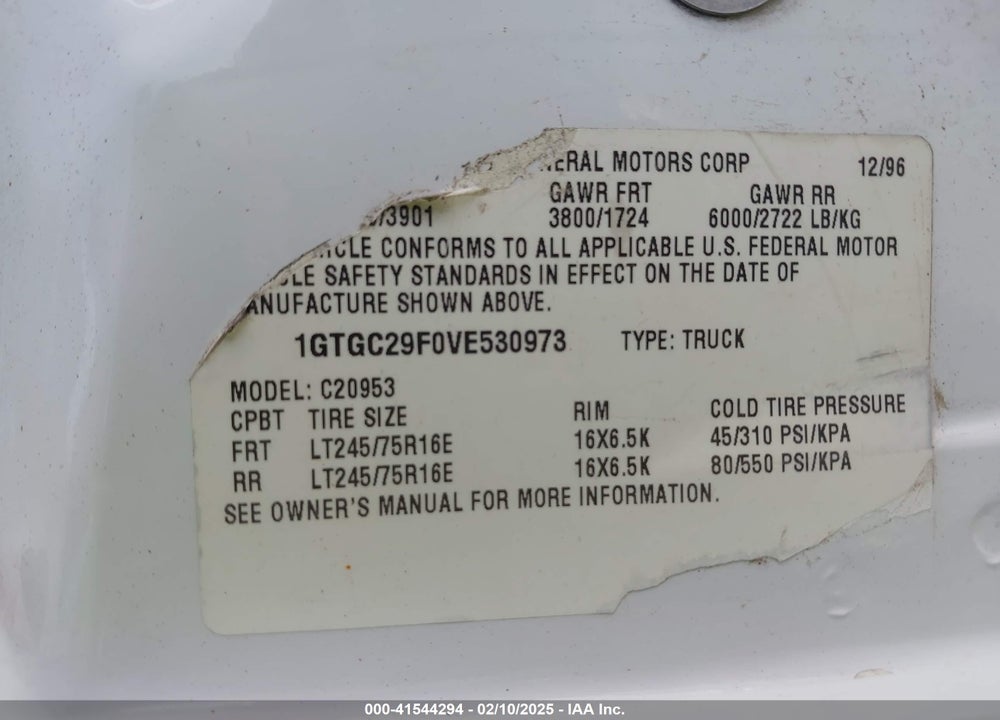 1997 GMC SIERRA 2500 HD SL VIN: 1GTGC29F0VE530973