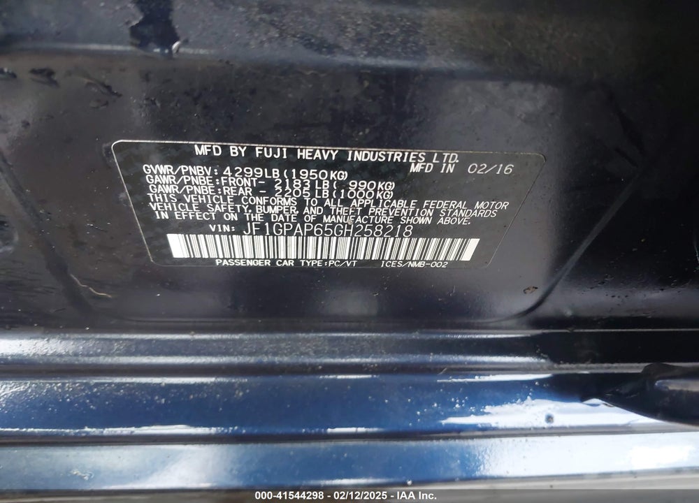 2016 SUBARU IMPREZA VIN: JF1GPAP65GH258218