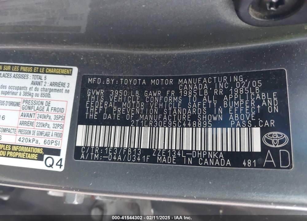 2005 TOYOTA MATRIX/XR VIN: 2T1LR30E95C448895