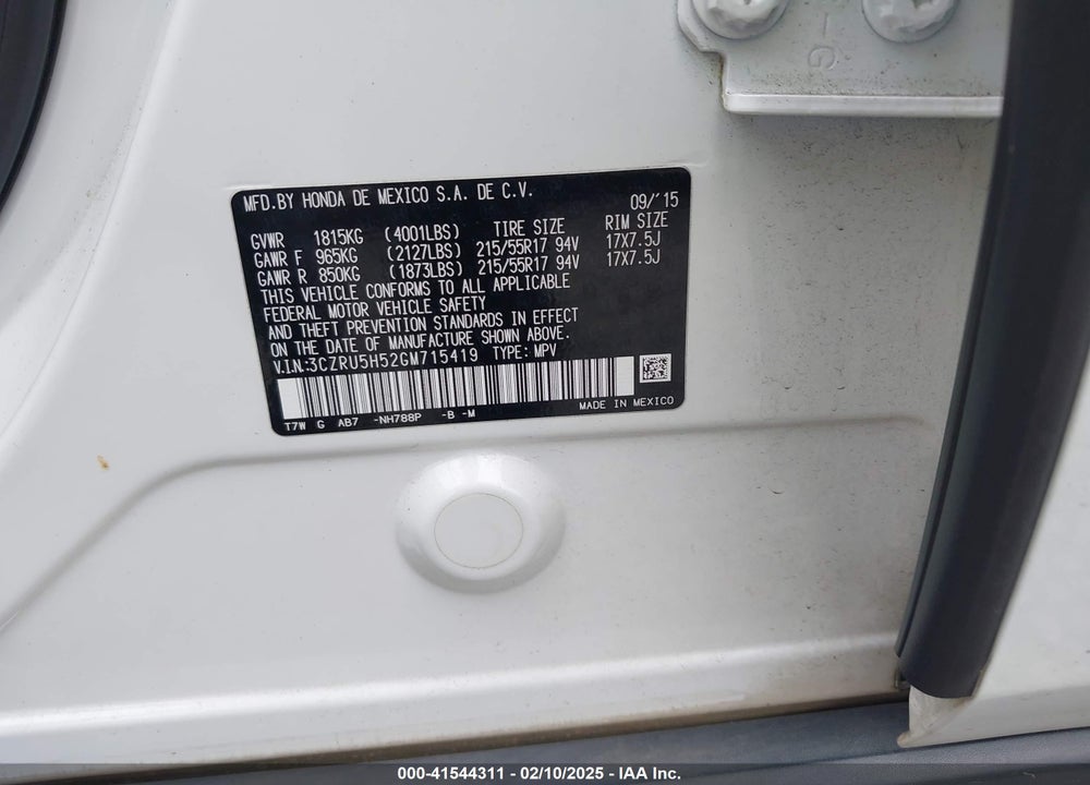 2016 HONDA HR-V VIN: 3CZRU5H52GM715419