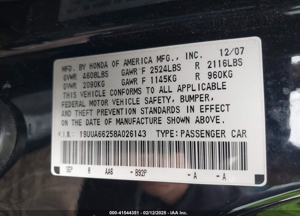 2008 ACURA TL VIN: 19UUA66258A026143